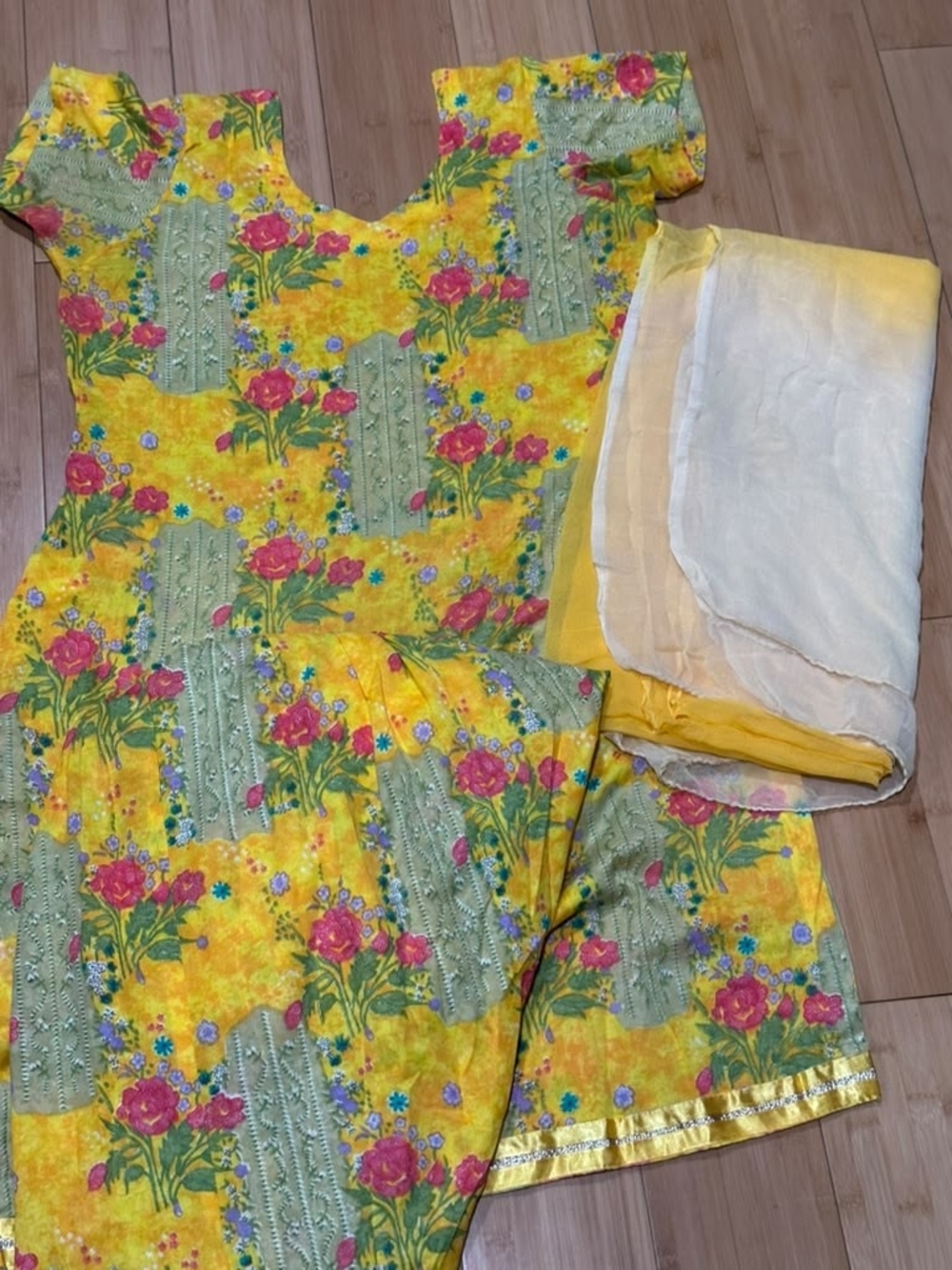 Bright Yellow Floral with Pink Rose Print - Patialwi Salwar, Kameez W/ Dupatta